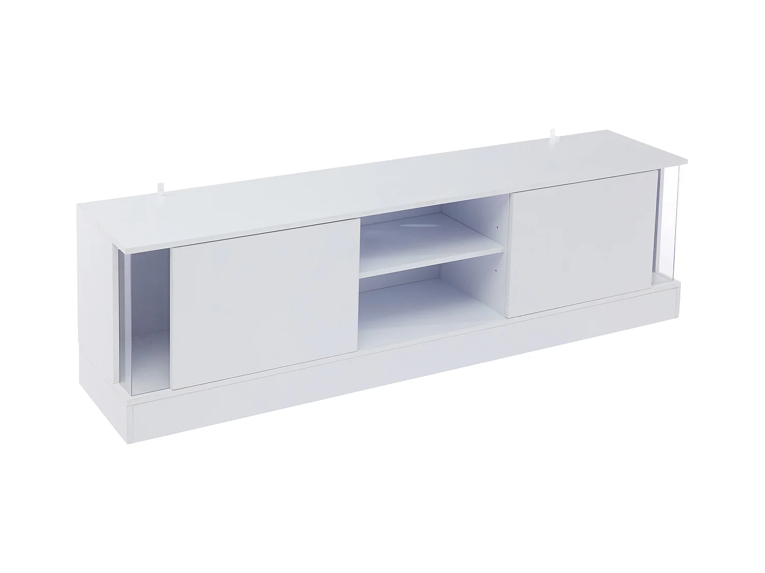 Meuble TV 176x38x50 cm LED bois 2 portes abattantes et rangement ouvert - blanc