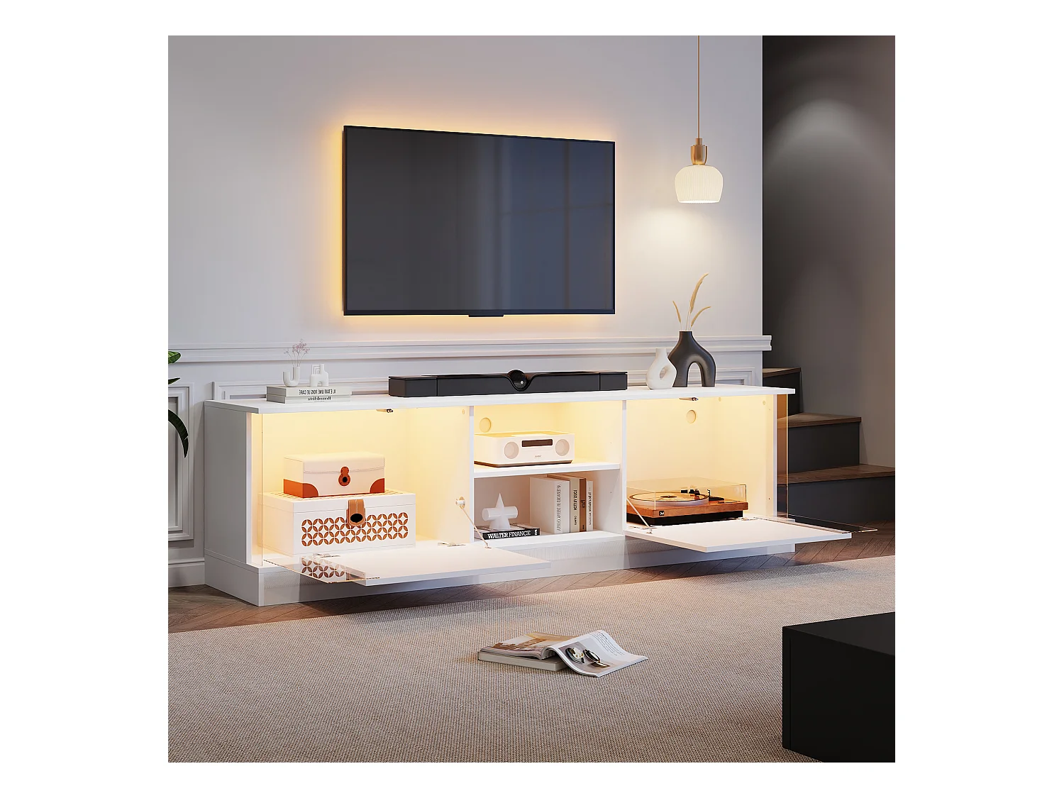 Meuble TV LED bois 2 portes abattantes et rangement ouvert - blanc (176x38x50 cm)