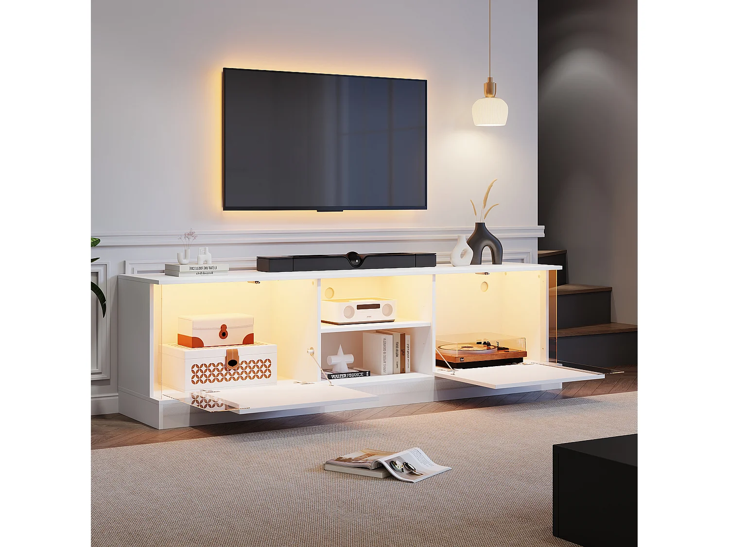 Meuble TV 176x38x50 cm LED bois 2 portes abattantes et rangement ouvert - blanc