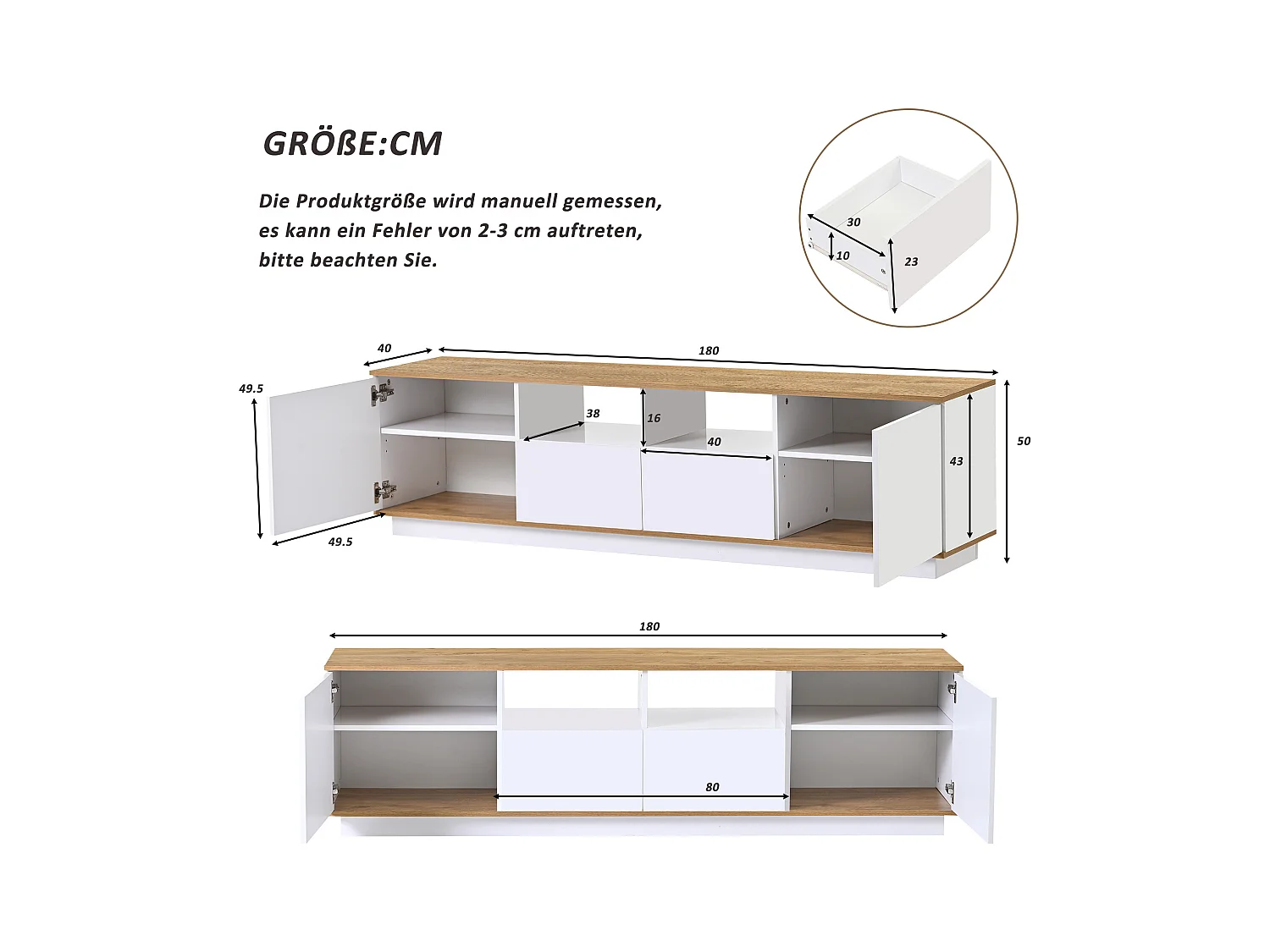 Meuble TV 180x40x50 cm LED bois 2 portes 2 tiroirs et rangement ouvert - blanc