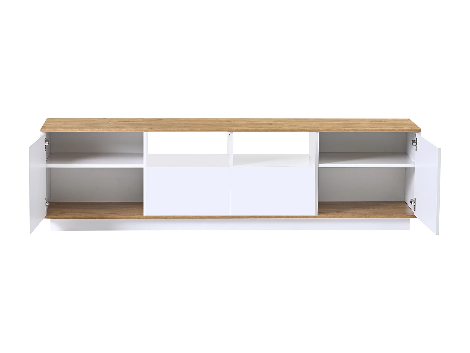 Meuble TV 180x40x50 cm LED bois 2 portes 2 tiroirs et rangement ouvert - blanc