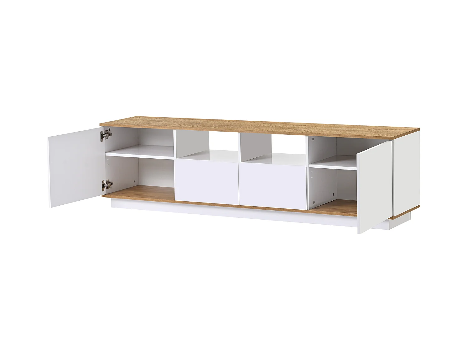 Meuble TV LED bois 2 portes 2 tiroirs et rangement ouvert - blanc (180x40x50 cm)