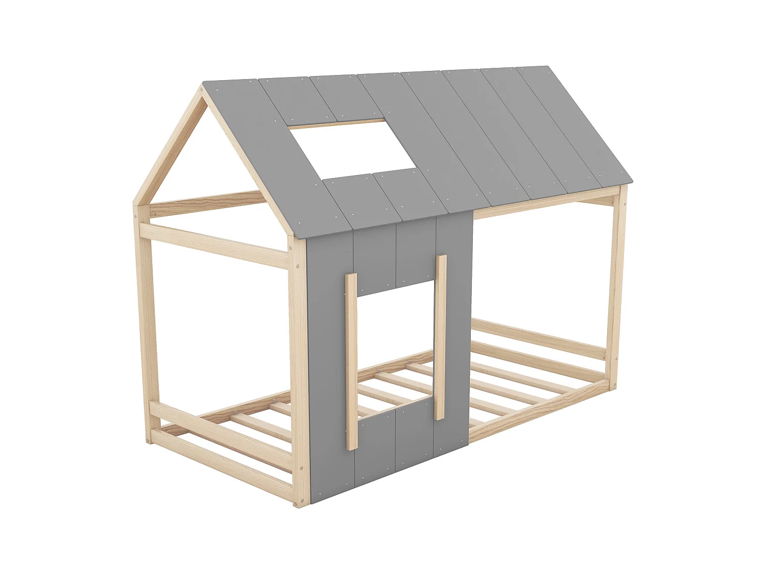 Lit cabane enfant 90x200cm avec sommier - toit et fenêtre - bois - naturel clair (sans matelas)