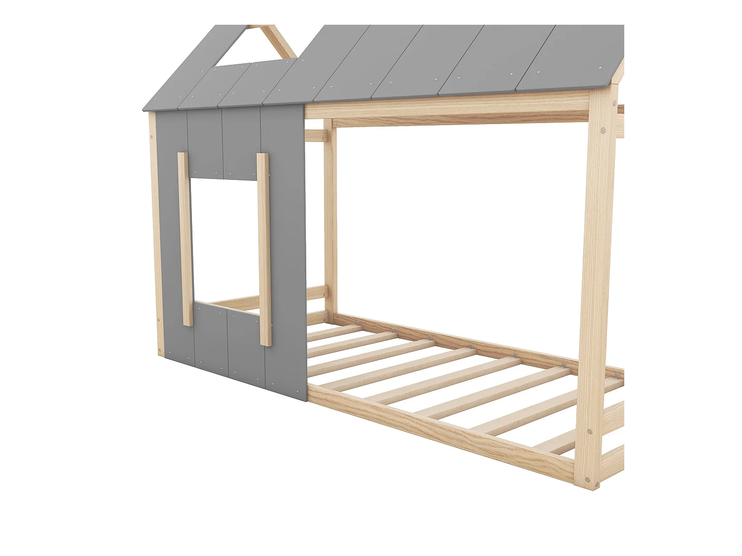 Lit cabane enfant 90x200cm avec sommier - toit et fenêtre - bois - naturel clair (sans matelas)