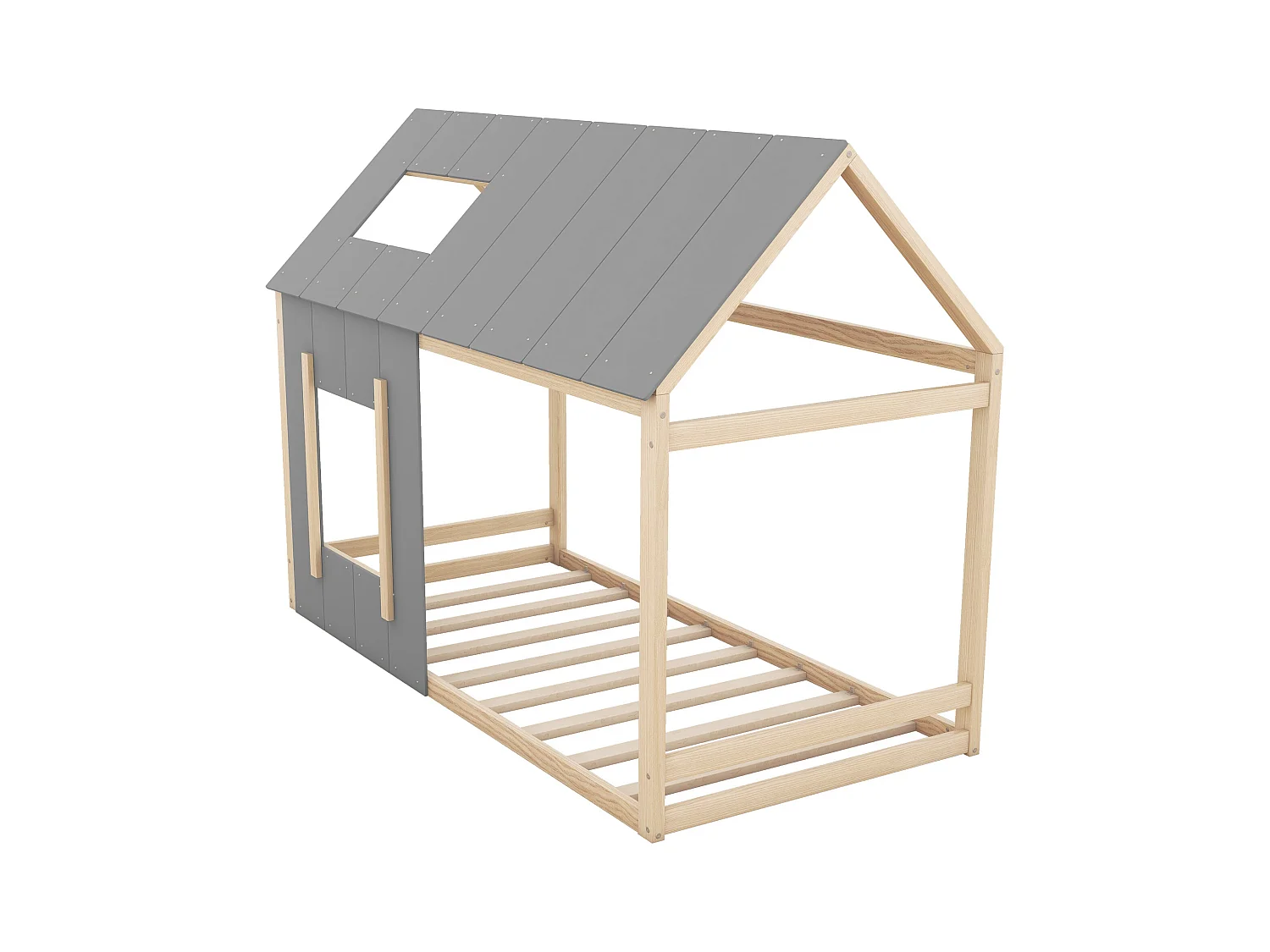 Lit cabane enfant 90x200cm avec sommier - toit et fenêtre - bois - naturel clair (sans matelas)