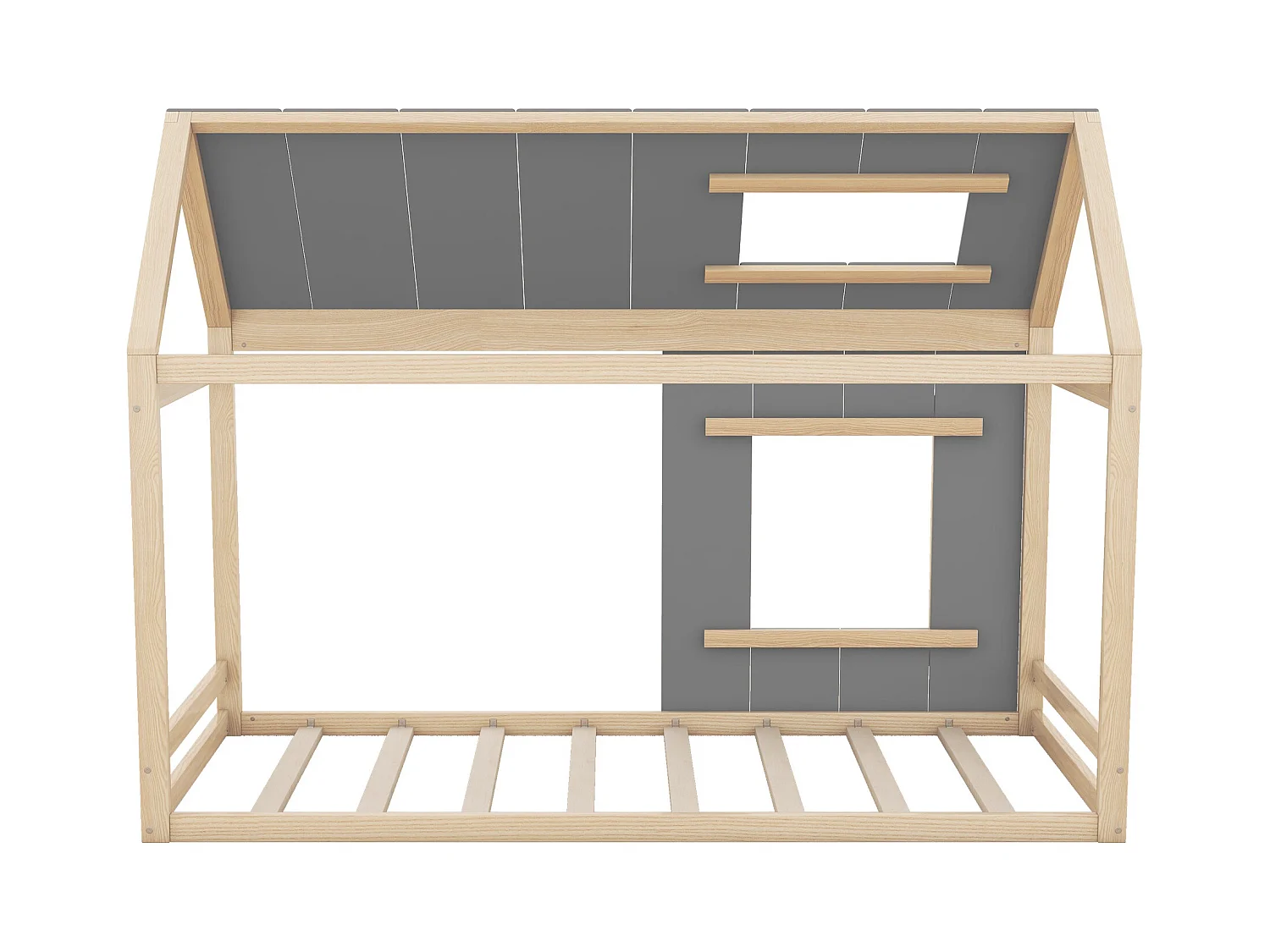 Lit cabane enfant 90x200cm avec sommier - toit et fenêtre - bois - naturel clair (sans matelas)