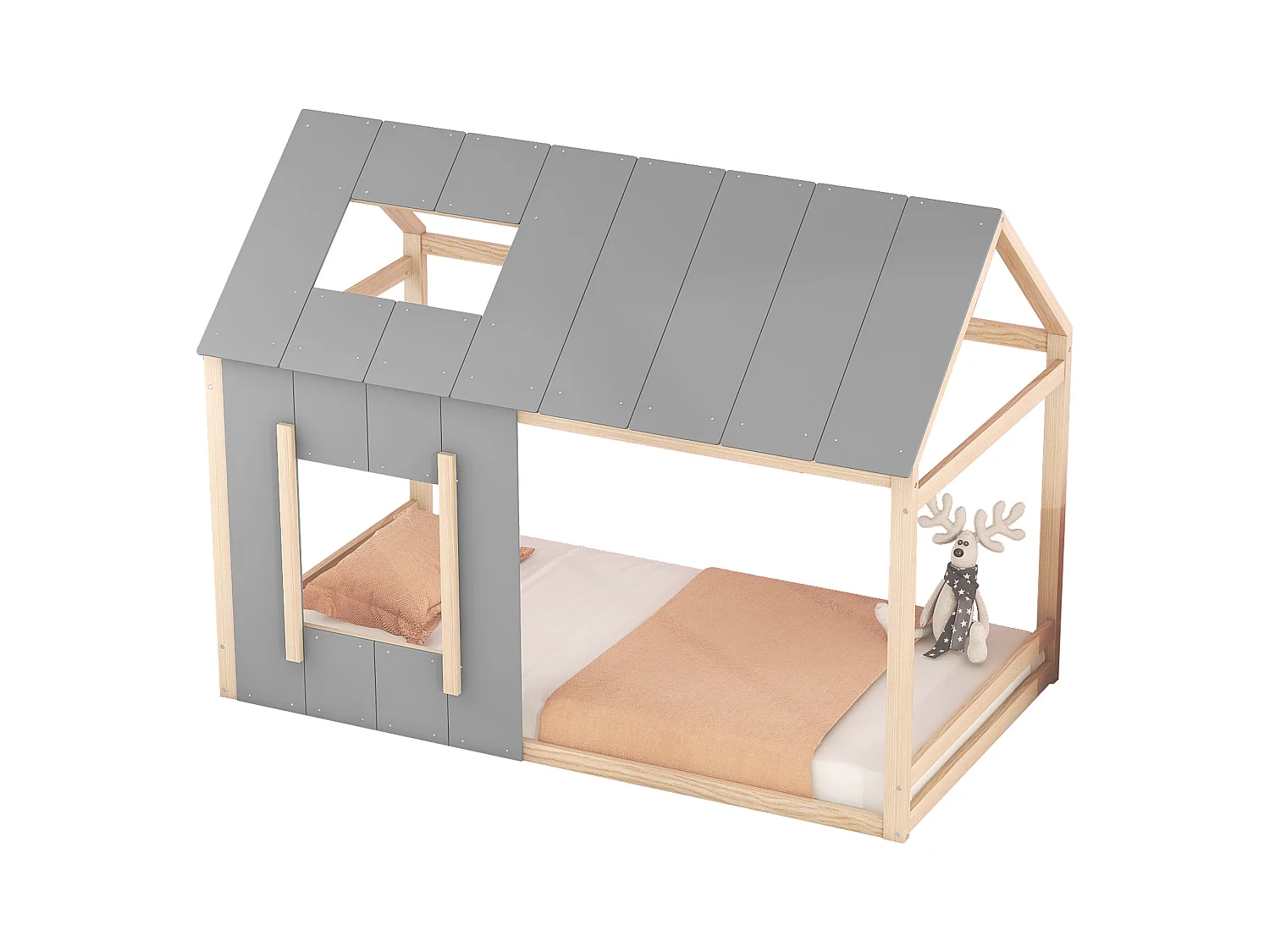 Lit cabane enfant 90x200cm avec sommier - toit et fenêtre - bois - naturel clair (sans matelas)