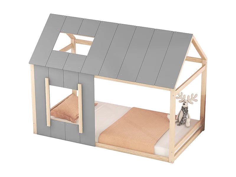 Letto a castello per bambini 90x200cm con base - tetto e finestra - legno - naturale chiaro (senza materasso)