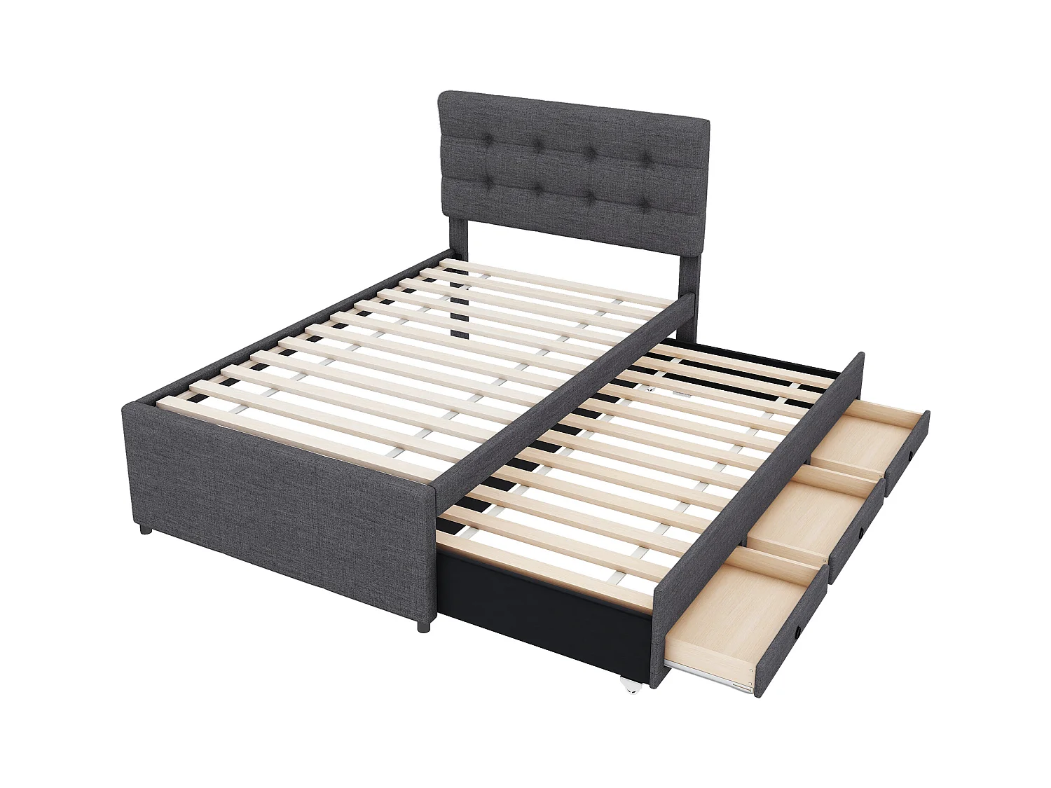 Lit gigogne enfant 90x200cm avec sommier - tête de lit réglable en hauteur et 3 tiroirs - lin - gris (sans matelas)