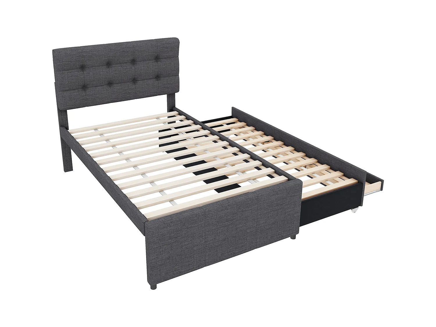 Lit gigogne enfant 90x200cm avec sommier - tête de lit réglable en hauteur et 3 tiroirs - lin - gris (sans matelas)