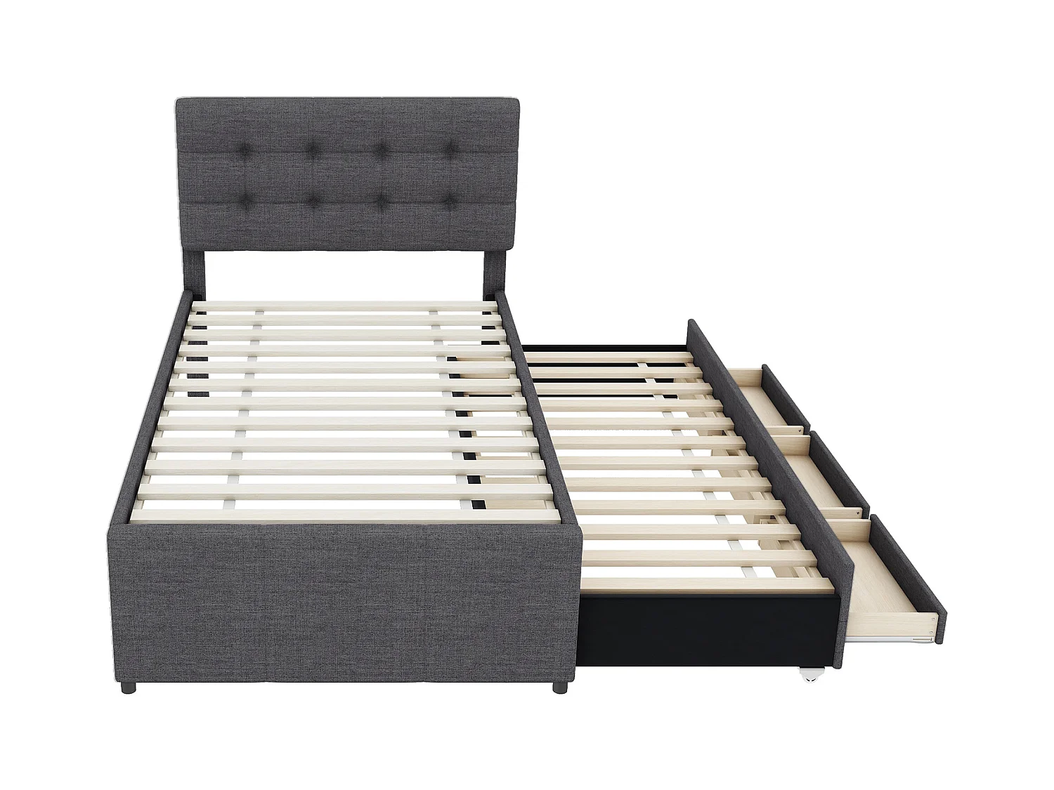 Lit gigogne enfant 90x200cm avec sommier - tête de lit réglable en hauteur et 3 tiroirs - lin - gris (sans matelas)