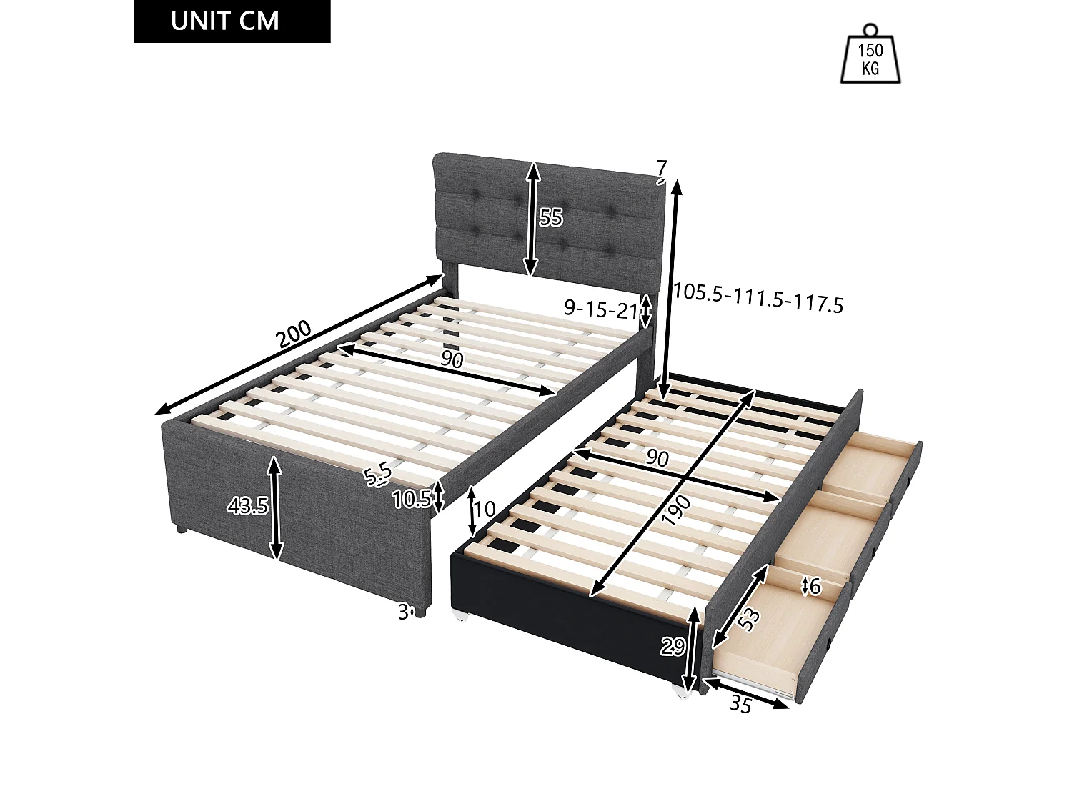 Lit gigogne 90x200 cm avec sommier - tête de lit réglable en hauteur et 3 tiroirs - lin - gris (sans matelas)