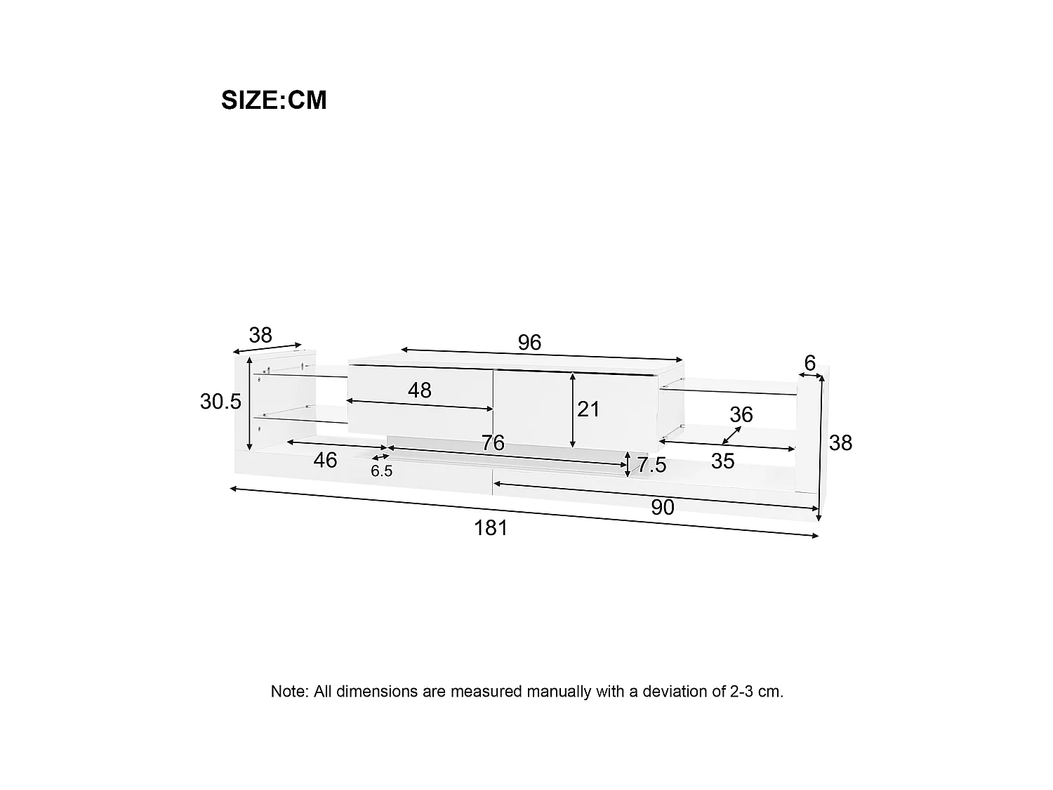 Meuble TV 181x38x38 cm LED bois 2 portes abattantes meuble de rangement ouvert - étagères en verre - blanc