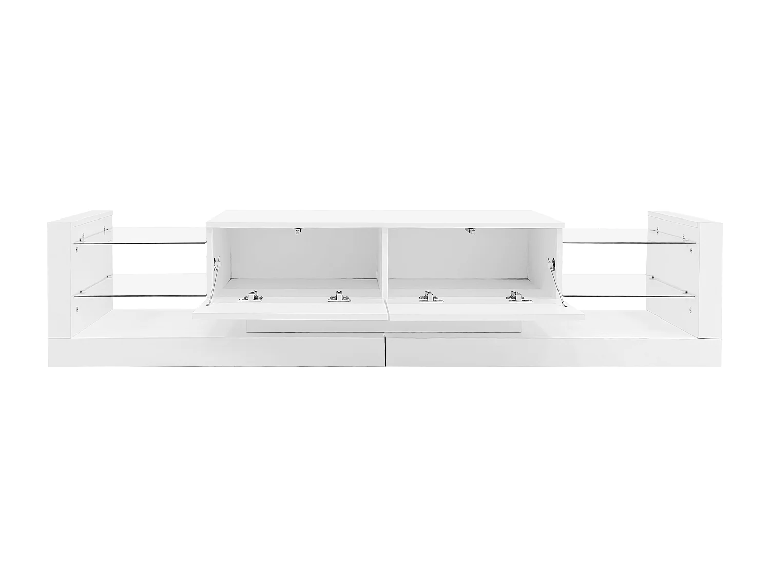 Meuble TV 181x38x38 cm LED bois 2 portes abattantes meuble de rangement ouvert - étagères en verre - blanc