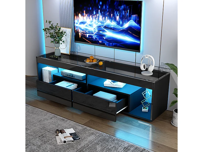 Meuble TV 180x40x46 cm LED salon 2 tiroirs et rangement ouvert en bois - verre décoratif - noir