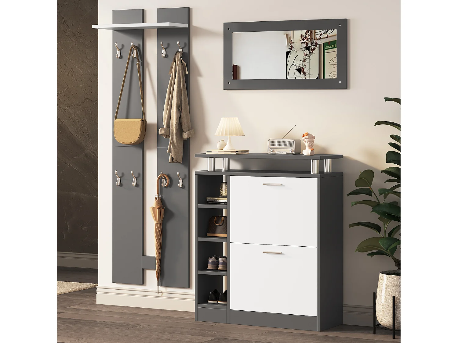 Wandkastset met spiegel - 2 wandpanelen x 1 schoenenkast - grijs (80x25x96,5 cm)