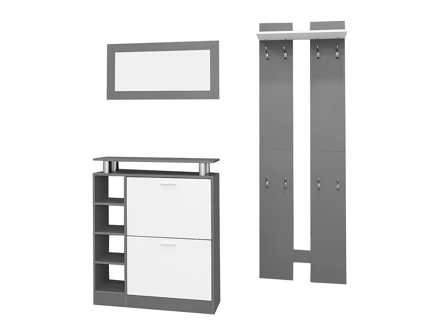 Wandkastset met spiegel - 2 wandpanelen x 1 schoenenkast - grijs (80x25x96,5 cm)