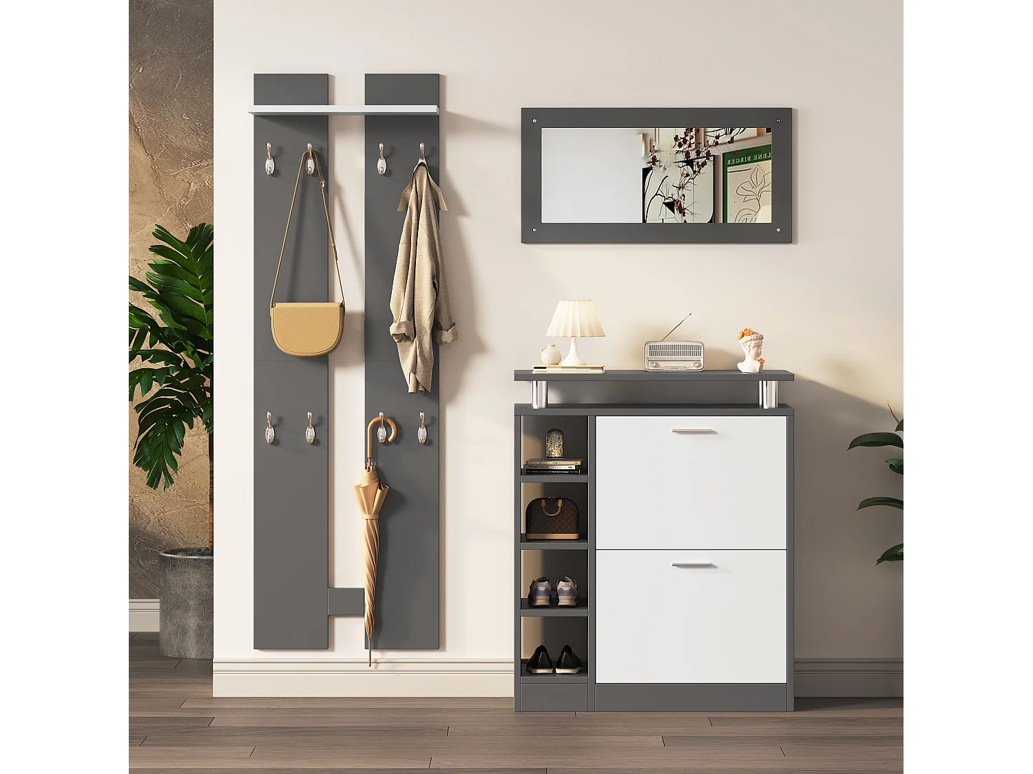 Wandkastset met spiegel - 2 wandpanelen x 1 schoenenkast - grijs (80x25x96,5 cm)