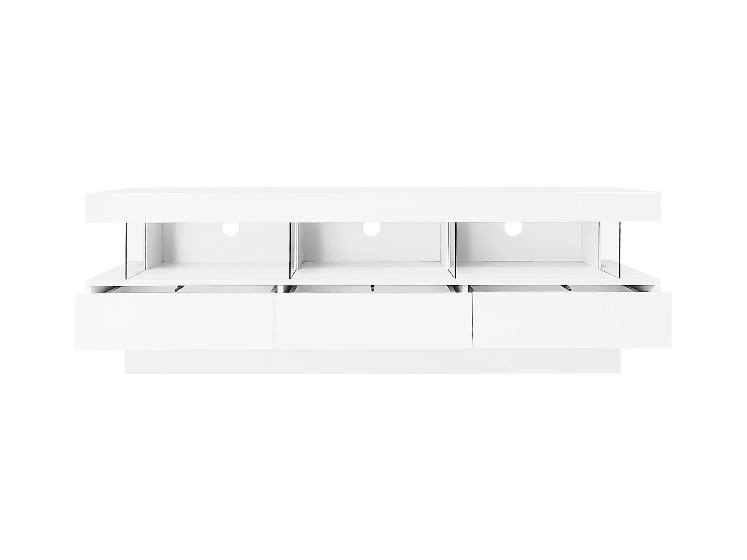 Meuble TV 160x38x50.5 cm LED salon 3 compartiments en verre 3 tiroirs meuble de rangement en bois - blanc