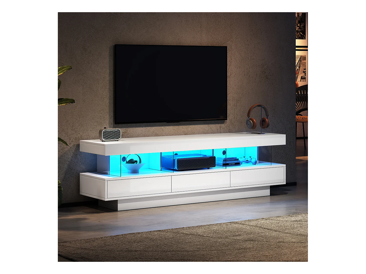 Meuble TV LED salon 3 compartiments en verre 3 tiroirs meuble de rangement en bois - blanc (160x38x50.5 cm)
