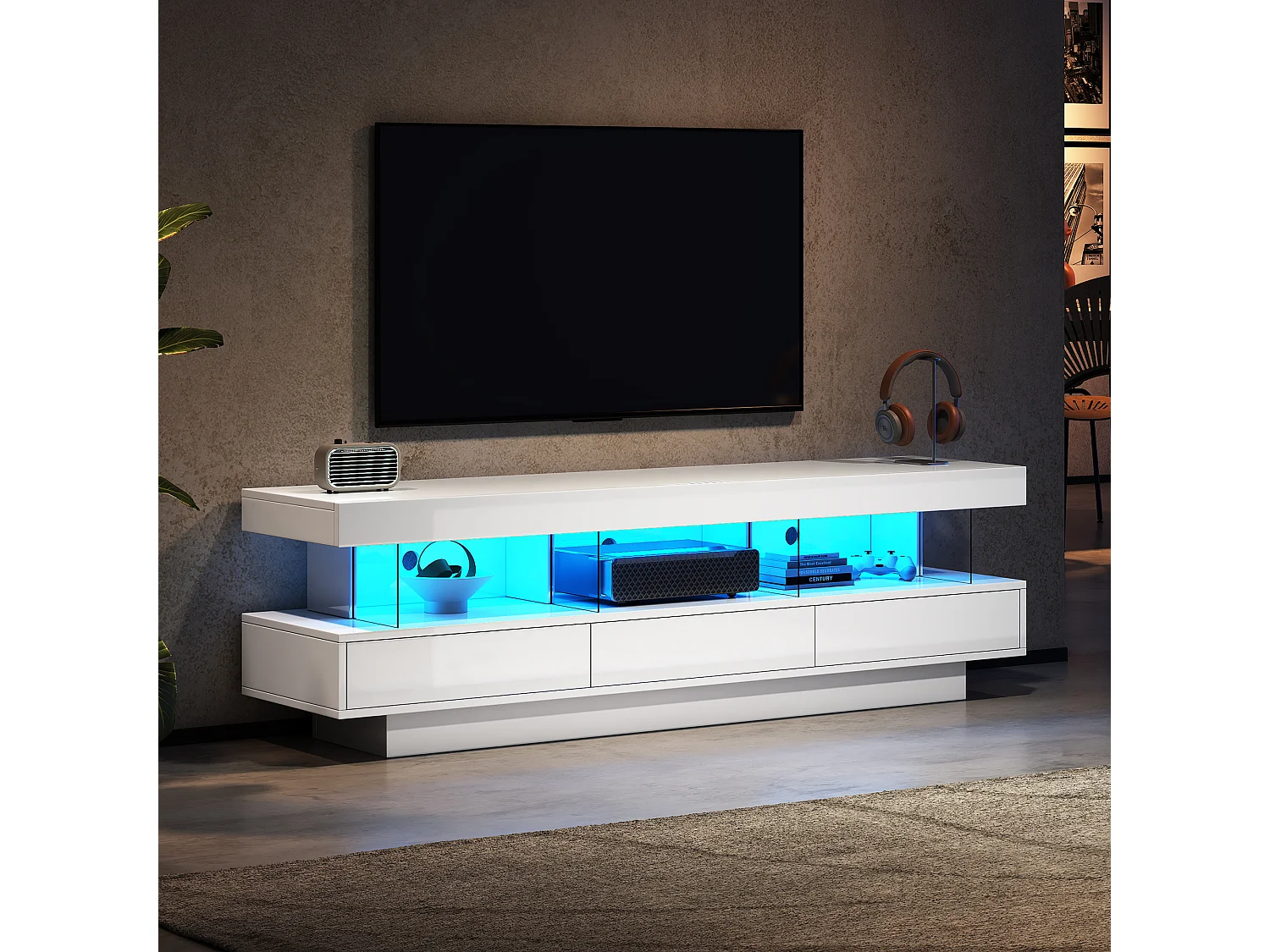 Meuble TV 160x38x50.5 cm LED salon 3 compartiments en verre 3 tiroirs meuble de rangement en bois - blanc