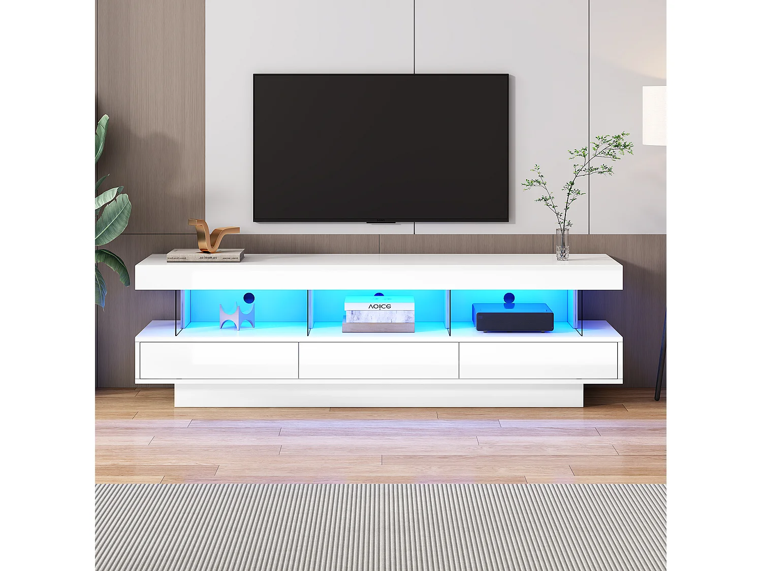 Meuble TV 160x38x50.5 cm LED salon 3 compartiments en verre 3 tiroirs meuble de rangement en bois - blanc