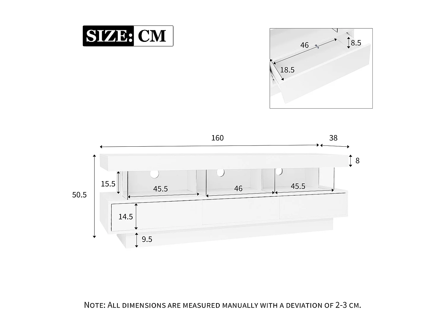 Meuble TV 160x38x50.5 cm LED salon 3 compartiments en verre 3 tiroirs meuble de rangement en bois - blanc