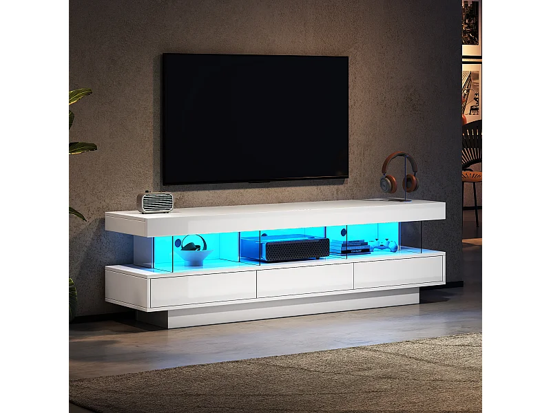 Meuble TV 160x38x50.5 cm LED salon 3 compartiments en verre 3 tiroirs meuble de rangement en bois - blanc