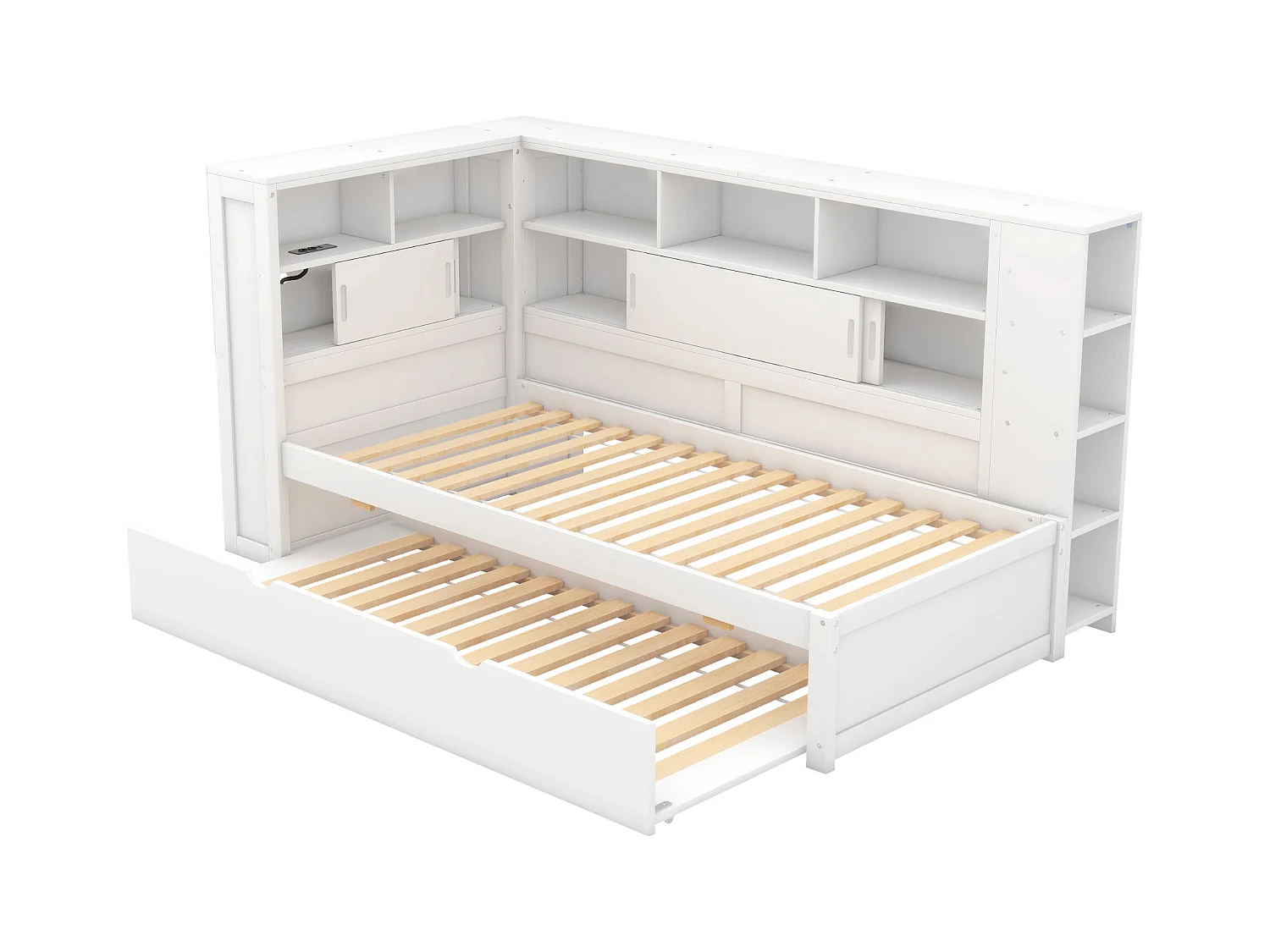 Lit gigogne enfant 90x200 cm avec sommier - tête de lit avec rangement et USB - bois - blanc (sans matelas)