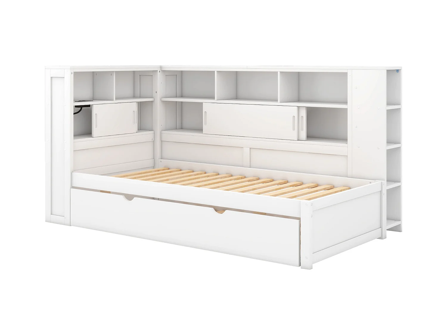 Lit gigogne enfant 90x200 cm avec sommier - tête de lit avec rangement et USB - bois - blanc (sans matelas)