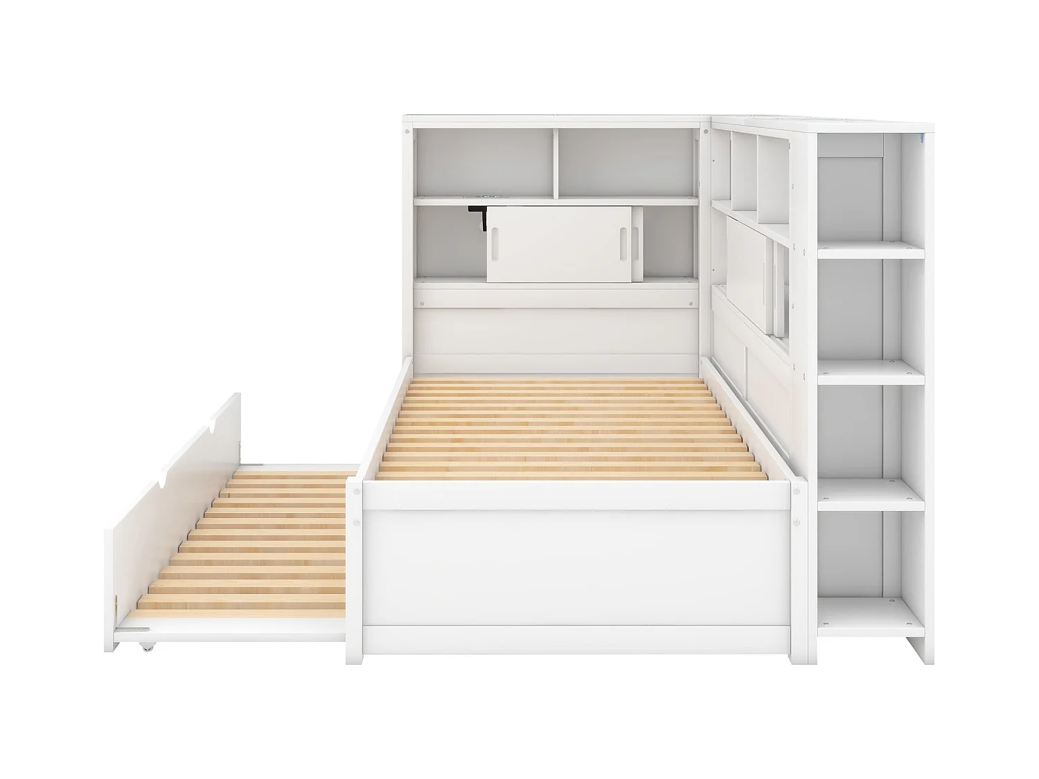 Lit gigogne enfant 90x200 cm avec sommier - tête de lit avec rangement et USB - bois - blanc (sans matelas)