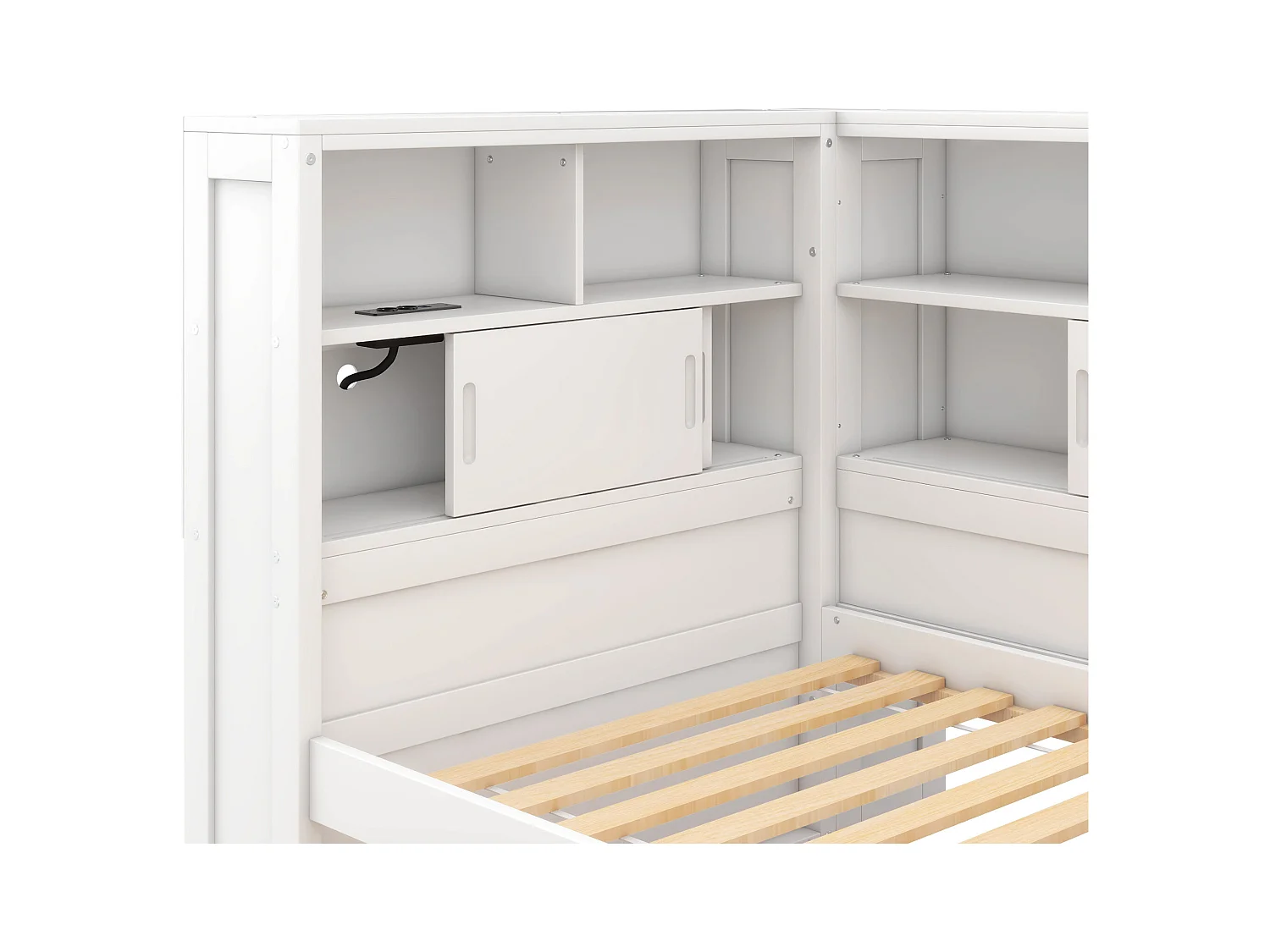 Lit gigogne enfant 90x200 cm avec sommier - tête de lit avec rangement et USB - bois - blanc (sans matelas)