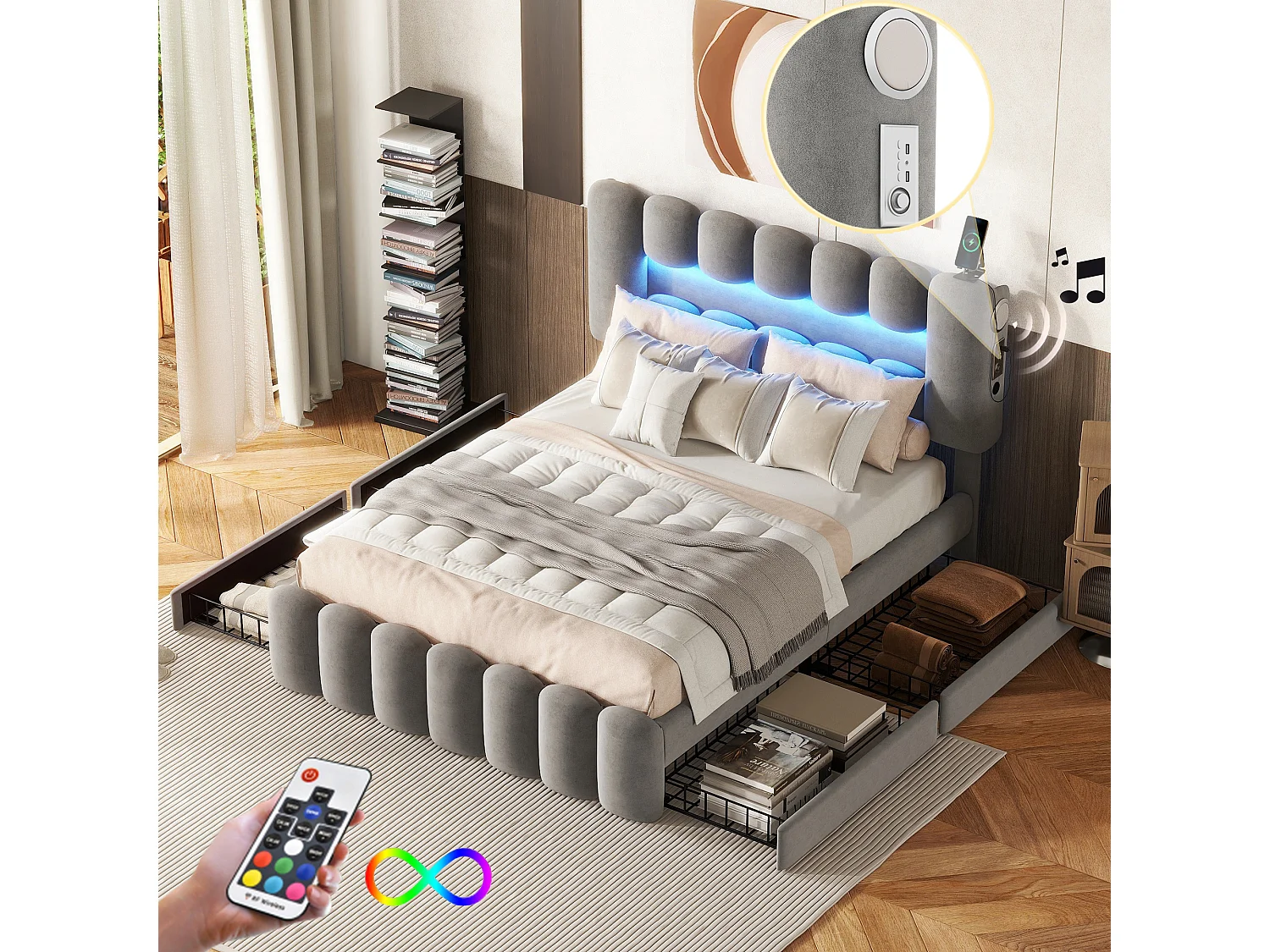 Tweepersoonsbed voor volwassenen 140x200 cm met 3 lades - in hoogte verstelbaar hoofdeinde met USB en LED - fluweel - grijs (zonder matras)