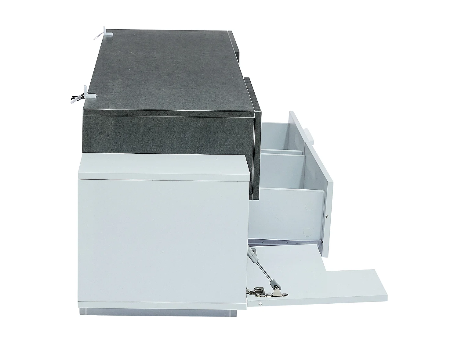 Meuble TV LED 180x40x45 cm 4 portes 2 tiroirs et rangement ouvert en bois - étagères en verre - blanc + gris