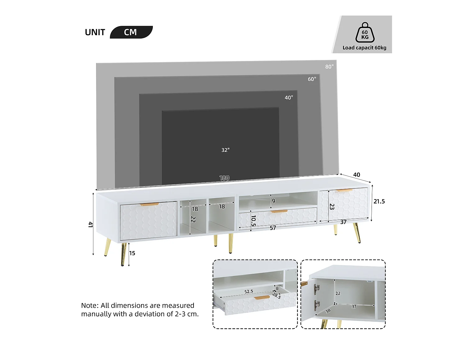 Meuble TV 180x40x41 cm avec 2 portes 1 tiroir meuble de rangement en bois - poignées en métal - blanc