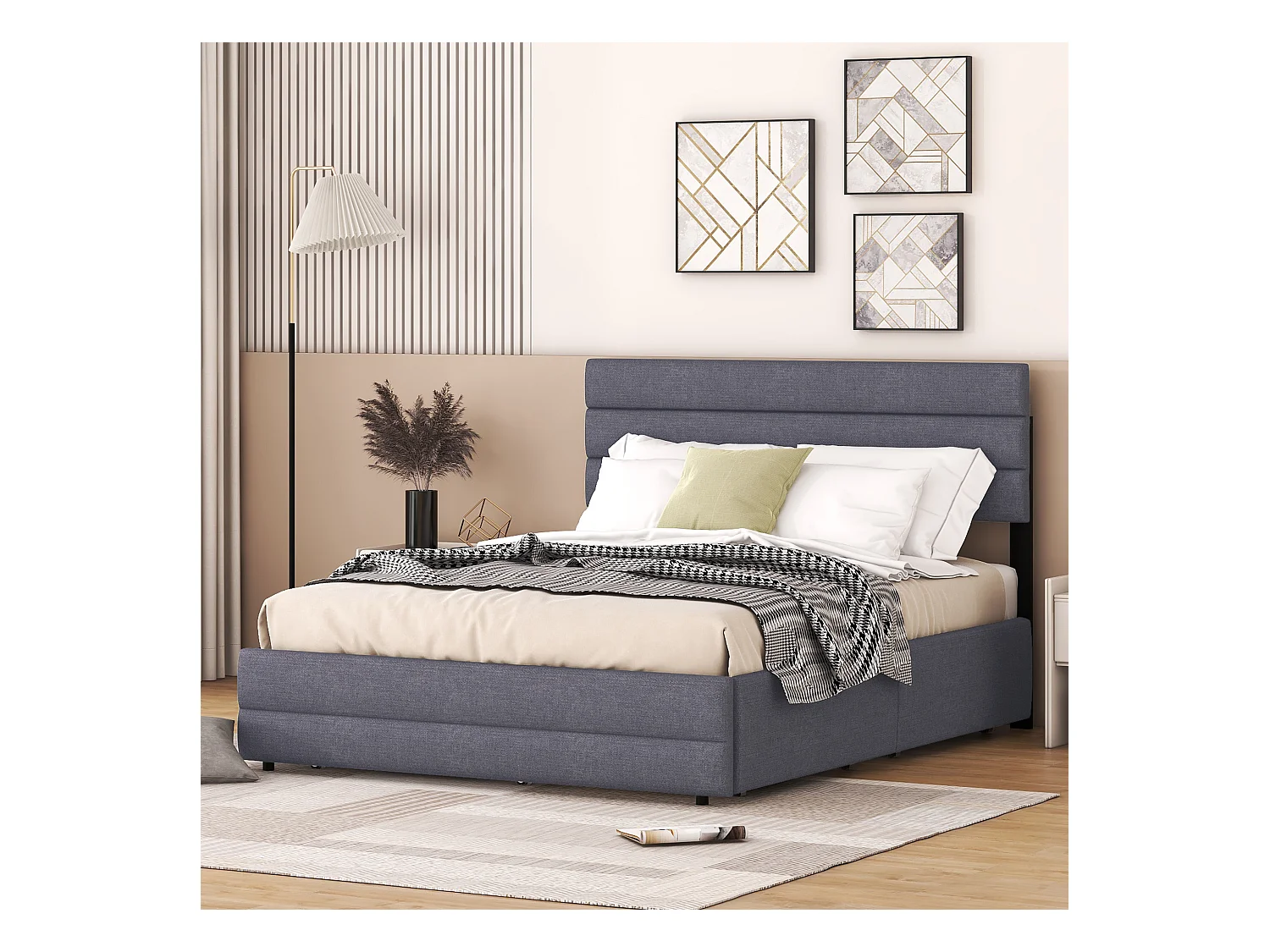 Lit gigogne adulte 140x200 cm avec sommier - tête de lit réglable en hauteur et 2 tiroirs - lin - gris (sans matelas)