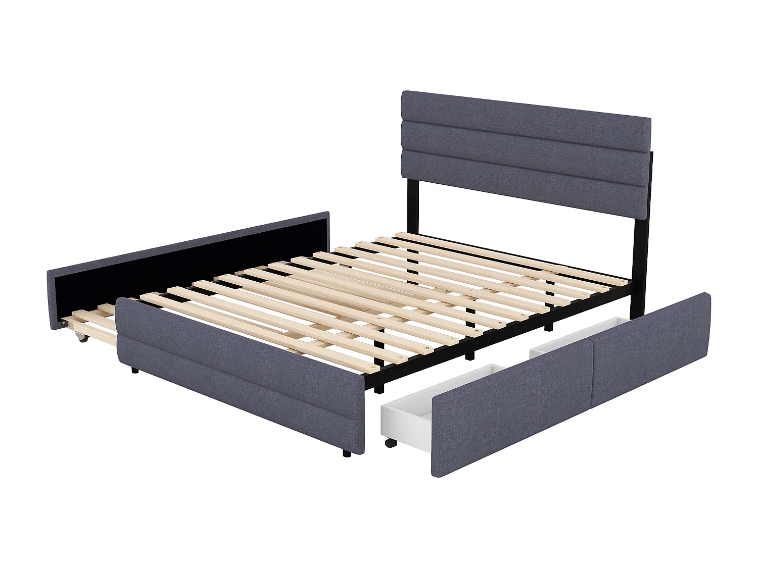 Lit double 140x200 cm, avec lit gigogne et 2 tiroirs de rangement, en lin gris (Sans matelas)