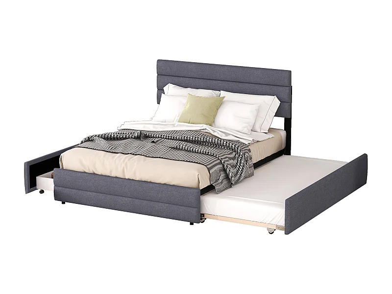 Lit double 140x200 cm, avec lit gigogne et 2 tiroirs de rangement, en lin gris (Sans matelas)