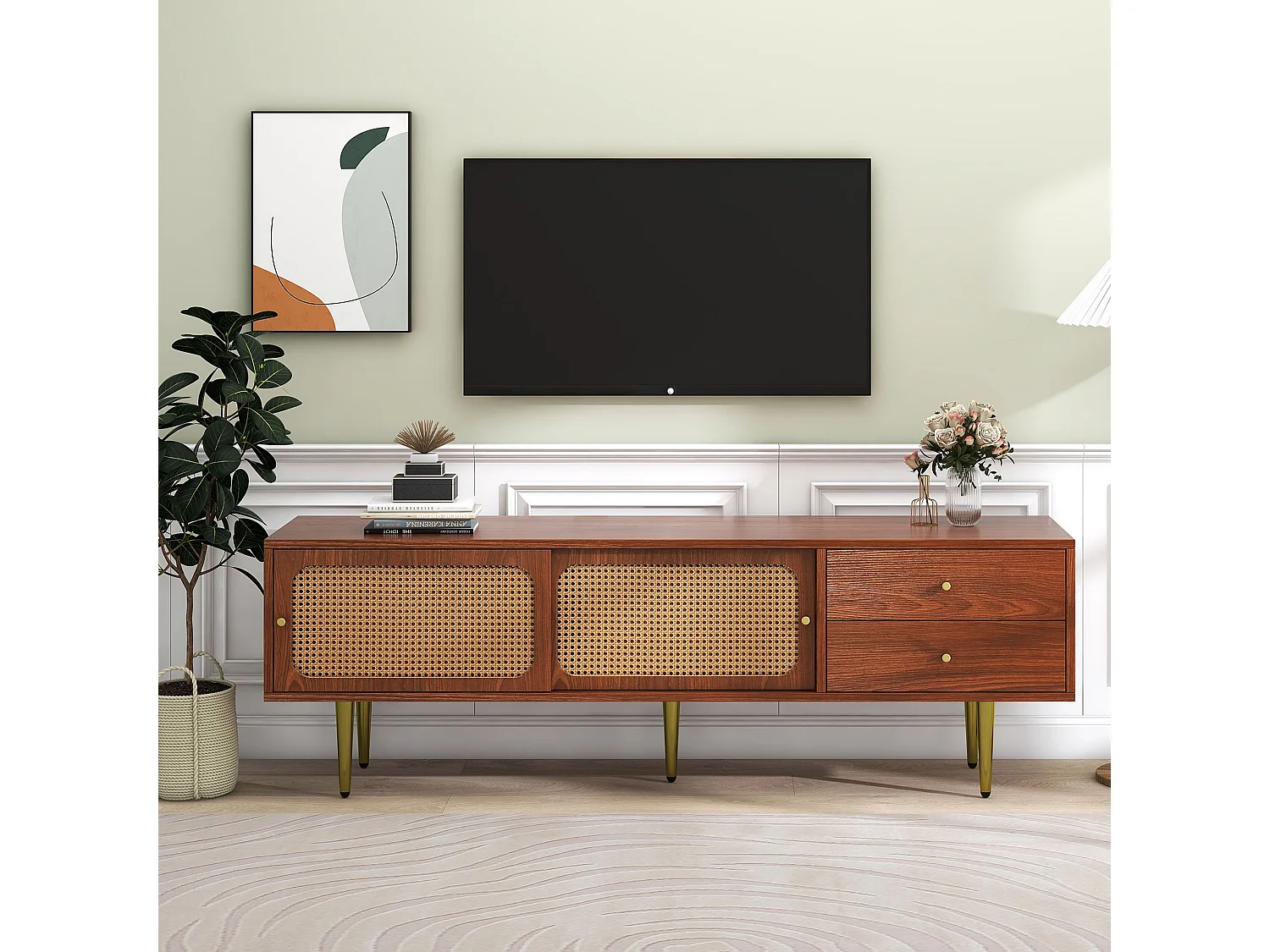 Meuble TV 160x40x60 cm 2 portes en rotin coulissantes et 2 tiroirs meuble de rangement en bois - noyer