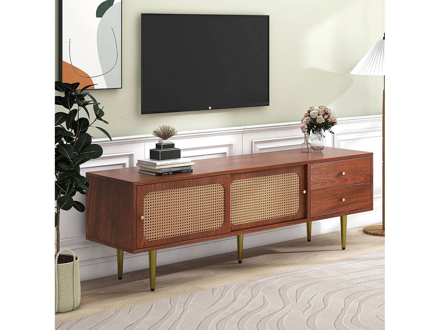 Meuble TV 160x40x60 cm 2 portes en rotin coulissantes et 2 tiroirs meuble de rangement en bois - noyer