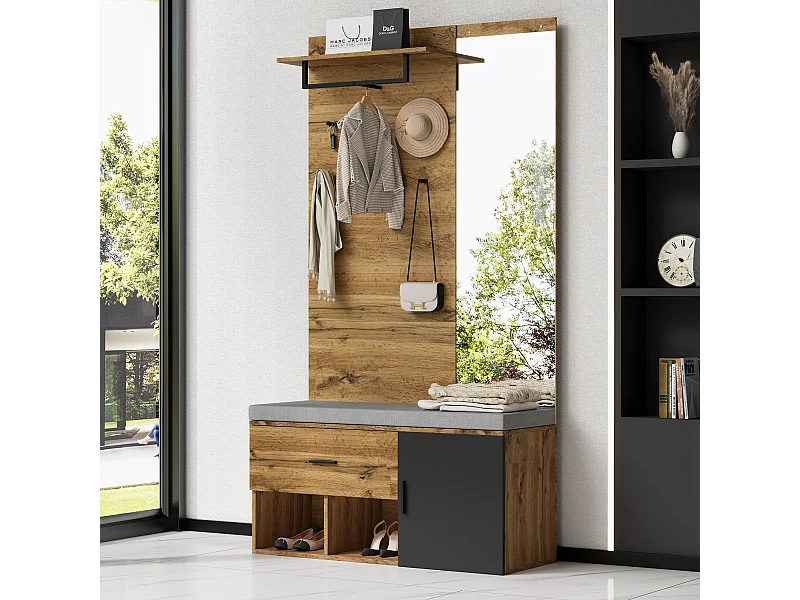 Entreehal met spiegel, 1 deur, 1 lade, gestoffeerde zitting, schoenenkast, planken en houten haken - eiken (104x190x39 cm)