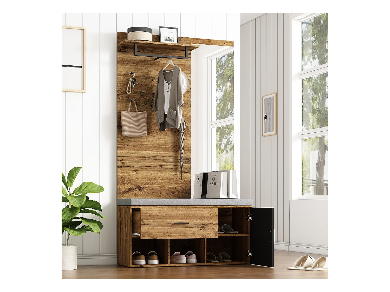 Vestiaire d'entrée chêne 104x190x39 cm avec miroir 1 porte 1 tiroir assise rembourrée rangement chaussures étagères et patères en bois