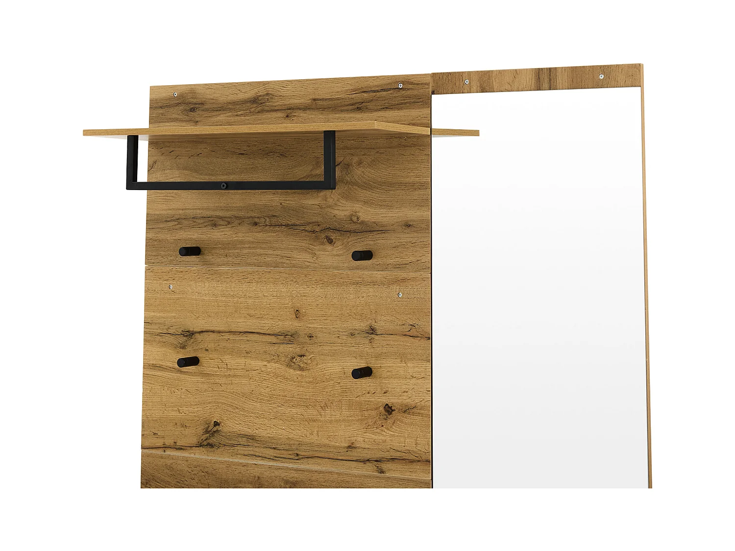 Vestiaire d'entrée chêne 104x190x39 cm avec miroir 1 porte 1 tiroir assise rembourrée rangement chaussures étagères et patères en bois