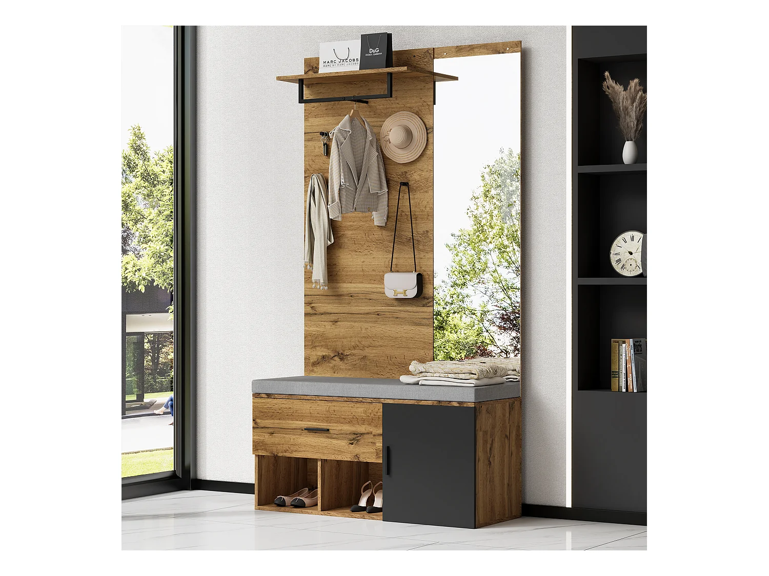 Vestiaire d'entrée avec miroir 1 porte 1 tiroir assise rembourrée rangement chaussures étagères et patères en bois - chêne (104x190x39 cm)