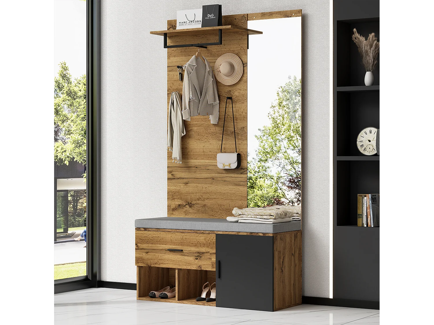 Vestiaire d'entrée chêne 104x190x39 cm avec miroir 1 porte 1 tiroir assise rembourrée rangement chaussures étagères et patères en bois