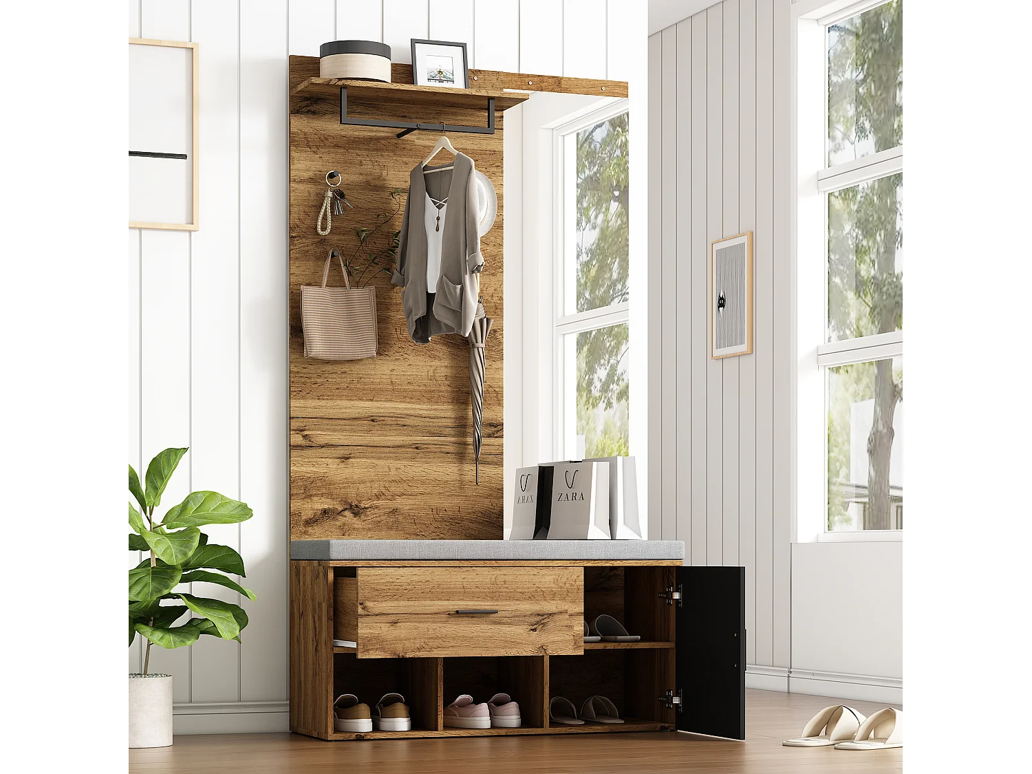 Vestiaire d'entrée chêne 104x190x39 cm avec miroir 1 porte 1 tiroir assise rembourrée rangement chaussures étagères et patères en bois