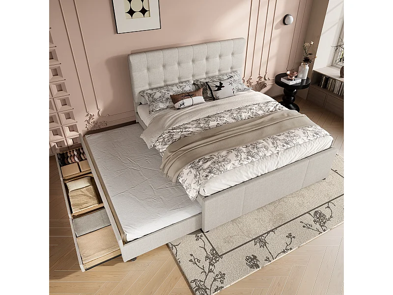 Lit gigogne adulte 140x200 cm avec sommier - tête de lit réglable en hauteur et 3 tiroirs - lin - beige (sans matelas)