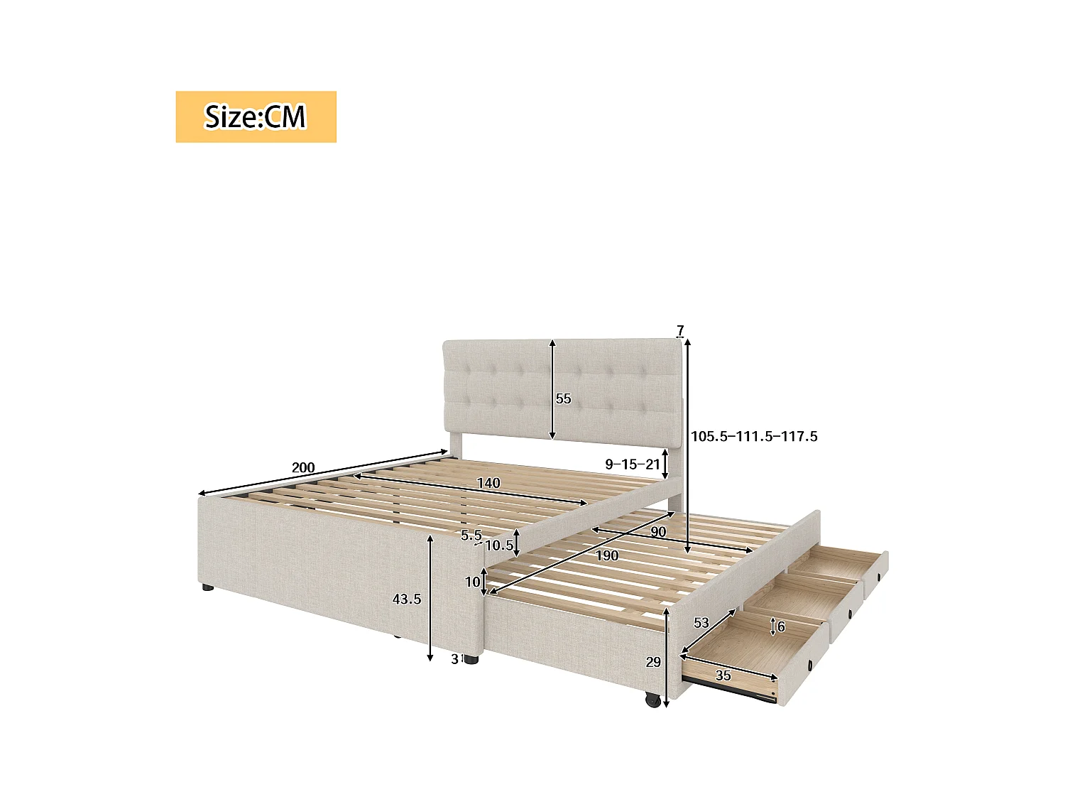 Volwassen uitschuifbed 140x200 cm met lattenbodem - in hoogte verstelbaar hoofdeinde en 3 lades - linnen - beige (zonder matras)