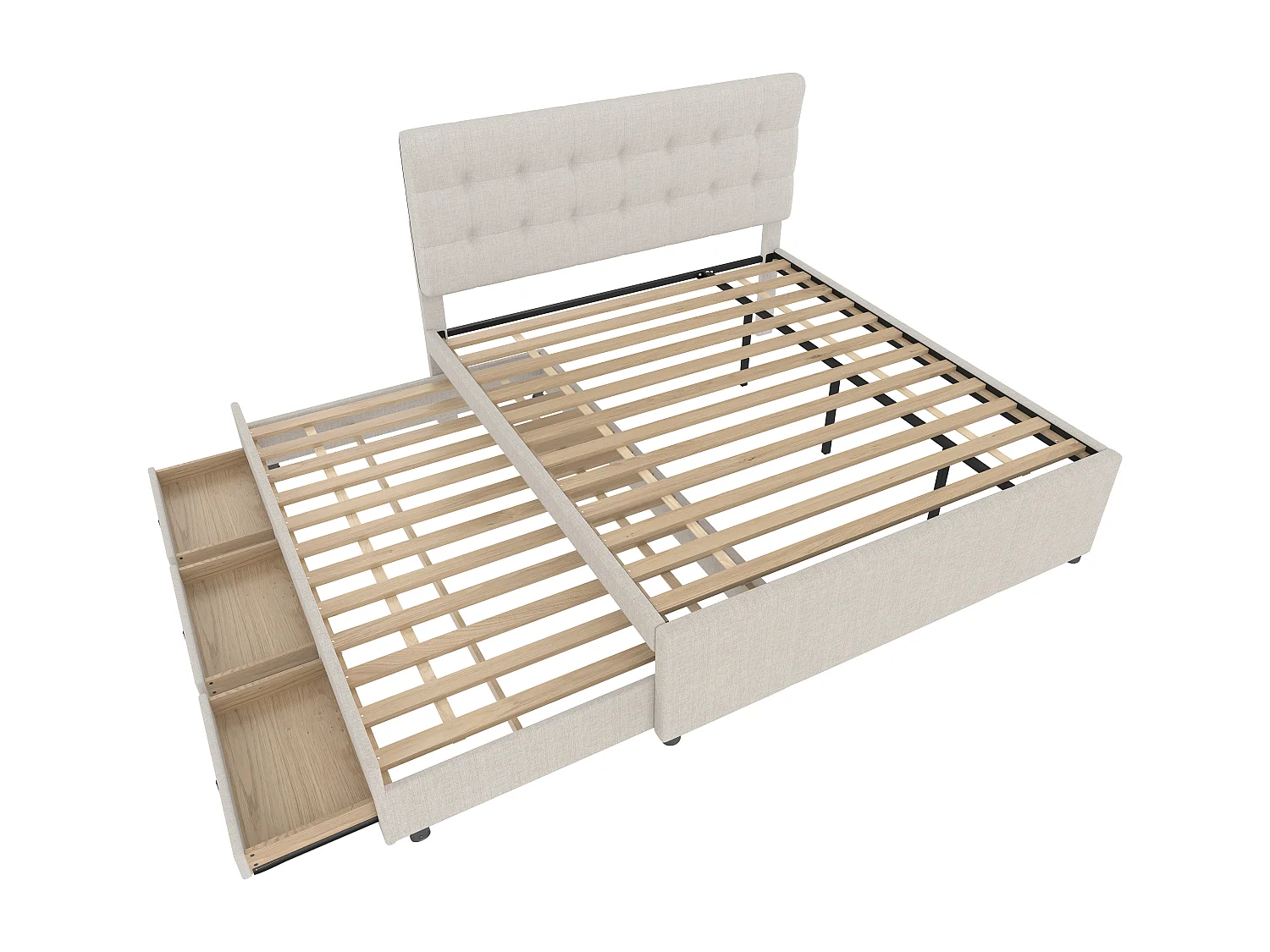 Lit gigogne 140x200 cm avec sommier - tête de lit réglable en hauteur et 3 tiroirs - lin - beige (sans matelas)