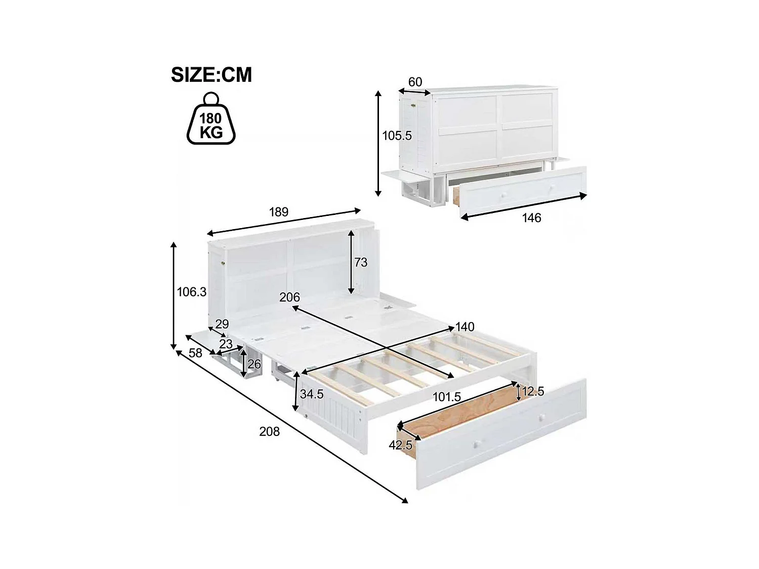 Cama doble adulto 140x200 cm con base - cabecero con paneles laterales y 1 cajón - madera - blanco (sin colchón)